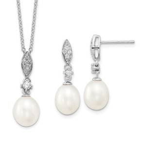 Sterling Silver Rhodium-plated 8-9mm FWC Pearl Cubic Zirconia Necklace/Earring Set