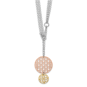 Sterling Silver with  Yellow & Rose-tone Rhodium-plated Textured Circles Drop Necklace