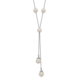 Sterling Silver Rhod-plat White FWC Pearl 9 station 2 drop 2in ext Necklace