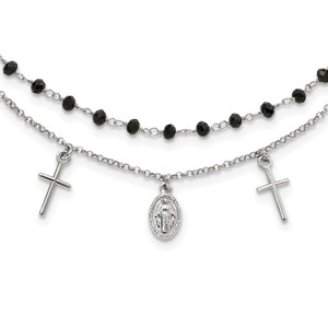 Sterling Silver RH-plated Black Beaded Cross/Miraculous Medal Necklace