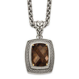 Shey Couture Sterling Silver with 14K Accent 18 Inch Antiqued Cushion Checkerboard Smoky Quartz Necklace