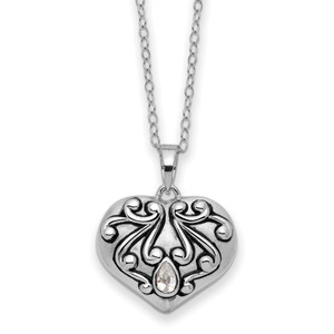Sentimental Expressions Sterling Silver Rhodium-plated Antiqued Cubic Zirconia Heart Remembrance Ash Holder 18 Inch Necklace