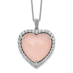 Sterling Silver Rhodium Plated Cubic Zirconia and Pink Chalcedony Heart Necklace