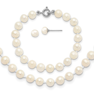 Sterling Silver Madi K Rhodium-plated 5-6mm Semi-round Freshwater Cultured Pearl 12in Necklace, 4in Bracelet & Button Earrring Set