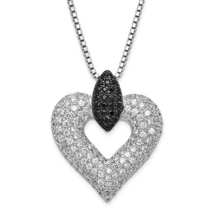 Sterling Silver Black & Clear Cubic Zirconia Brilliant Embers Heart with  2in ext Necklace
