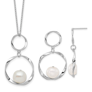 Sterling Silver RH-plated 10-11mm FWC Pearl with 1.75in Neck/Earring Set