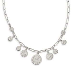 Sterling Silver Rhodium-plated Polished Coin with  2in ext. Necklace