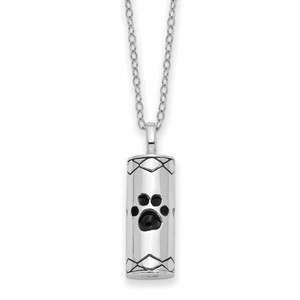 Sentimental Expressions Sterling Silver Rhodium-plated Antiqued Cylinder with Paws Ash Holder 18 Inch Necklace