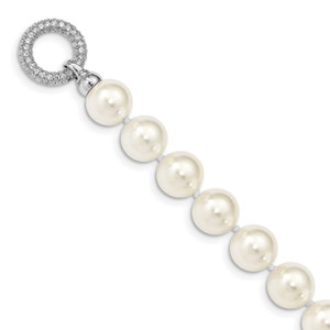 Majestik Sterling Silver Rhodium-plated 12-13 White Imitation Shell Pearl Hand-knotted Cubic Zirconia Fancy Clasp Necklace