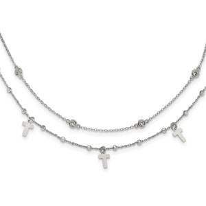Sterling Silver Rhodium-plated Polished Cross and Cubic Zirconia with  2in ext. Necklace