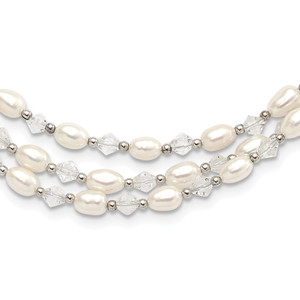 Sterling Silver 4-5mm Freshwater Cultured Pearl & Crystal Bead 3-Strand with  2in ext Necklace
