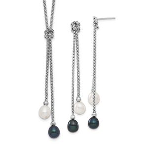Sterling Silver Rhodium-plated FWC Pearl Knot 18 in. Neck/Earring Set
