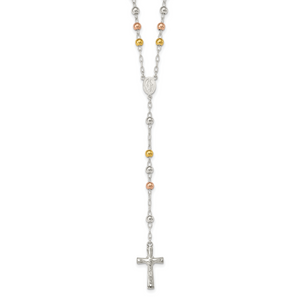 Sterling Silver Polished Rosary Tri-color Beads Necklace