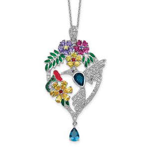 Cheryl M Sterling Silver Rhodium-plated Enameled Multicolor Brilliant-cut Glass and Cubic Zirconia Floral Hummingbird 18 Inch Necklace