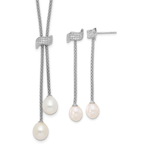 Sterling Silver RH-plated FWC Pearl/Cubic Zirconia with 2in ext Necklace/Earrings Set