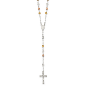 Sterling Silver Tri-color Polished Textured Bead Rosary 26 inch Necklace