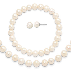 Sterling Silver Rhodium Plated 7-8mm FWC Pearl Earring Bracelet Necklace Sets