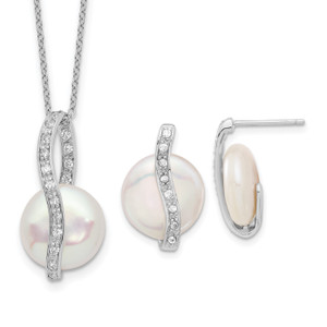 Sterling Silver Rhod-plated 13-14mm Coin FWC Pearl Cubic Zirconia Earring/Necklace Set