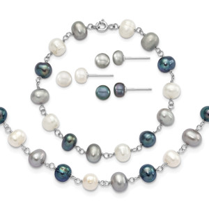 Sterling Silver Rhodium FWC Pearl Necklace/ Bracelet/3pc Earring Set