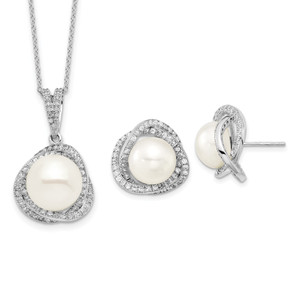 Sterling Silver Rhodium-plated 10-12mm FWC Pearl Cubic Zirconia Necklace/Earring Set