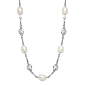 Cheryl M Sterling Silver Rhodium-plated Freshwater Cultured Pearl and Brilliant-cut Cubic Zirconia Bezel Station 36 Inch Necklace
