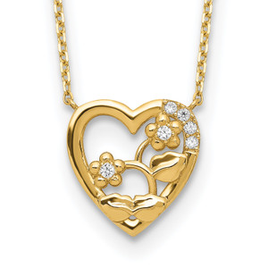 14K Heart with Flowers & Cubic Zirconia with 2IN EXT Necklace