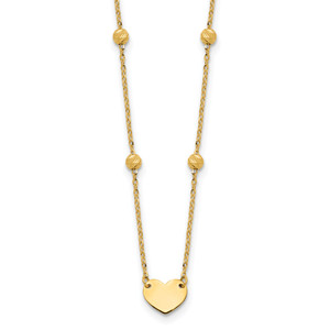 14K Polished and Diamond-cut Heart and Beads Plus 2in ext. Necklace