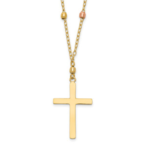 14K Tri Colored Gold Diamond Cut Beaded Cross Necklace