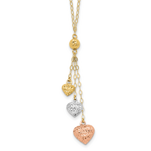 14k Tri-color Puff Heart Lariat with 2in ext Necklace