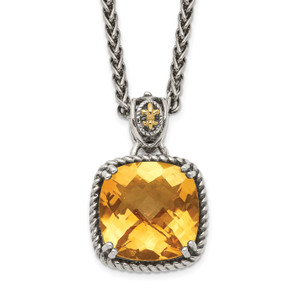 Shey Couture Sterling Silver with 14K Accent 18 Inch Antiqued Checkerboard Cushion Citrine Necklace
