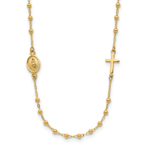 14K Polished Miraculous Medal and Cross Rosary Design Necklace