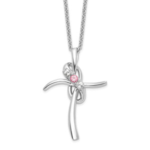 Survivor Collection 10K White Gold Rhodium-plated 16 Inch White and Pink Swarovski Topaz Grace Cross Necklace with 2 Inch Extender