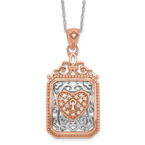 10K Two Tone Polished Filigree Diamond Heart Lock Necklace