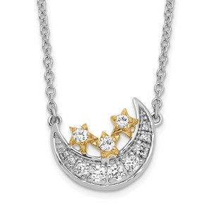 14k Two-tone Moon with 3-Stars Diamond 18in Necklace