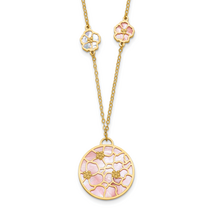 Herco 14K Polished Pink and White MOP Floral 16in with  .75in Ext Necklace