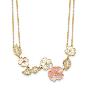 HERCO Gold Pink & White Mother of Pearl Flowers & Leaves Necklaces