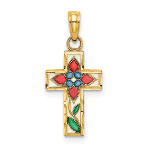 14K Gold  Enameled W/ Flower Cross Charm