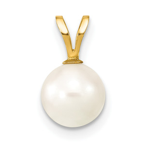 14K Gold  Gold 7-8mm Round White Saltwater Akoya Cultured Pearl Pendant