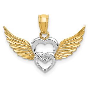 14K Gold  and White Rhodium Polished Hearts w/ Wings Pendant