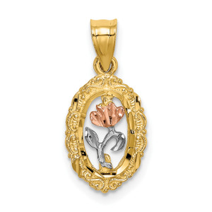 14K Gold  Two-tone w/White Rhodium Rose In Oval Frame Charm