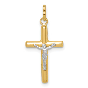 14K Gold  with White Rhodium Polished Hollow Crucifix Charm