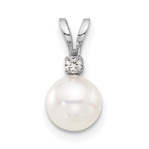 14K Gold  White 6-7mm Round White Akoya Pearl and .03ct Diamond Pendant