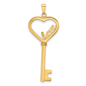 14K Gold  Polished LOVE Heart Key Pendant