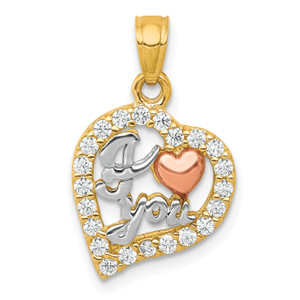 10K Gold  Two-Tone w/White Rhodium I LOVE YOU CZ Heart Pendant