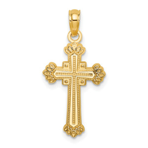 14K Gold  Textured Leaves On Edges Cross Charm