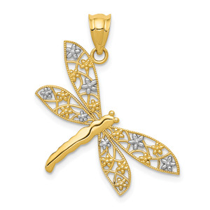 14K Gold  w/Rhodium Filigree Dragonfly Pendant