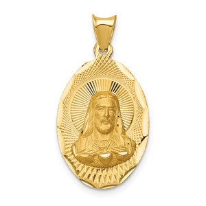 14K Gold  Polished D/C Sagrado Corazon Oval Pendant