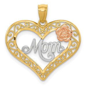 14K Gold  Two-tone w/White Rhodium D/C MOM in Heart w/Rose Pendant