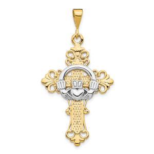 14K Gold  Two-tone Claddagh Cross Pendant