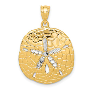 14K Gold  with White Rhodium Polished Diamond-Cut Sand Dollar Pendant